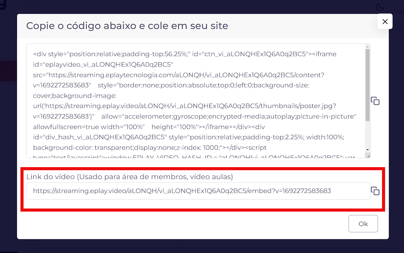 embed link para area de membros