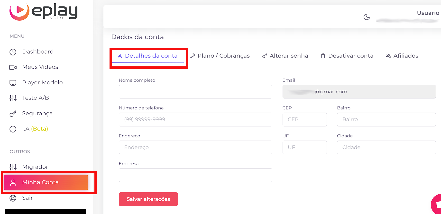 alterar dados da conta